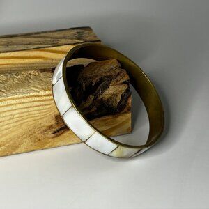 Vintage Shell Inlay Bangle Bracelet Brass Tone Coastal Minimalist
